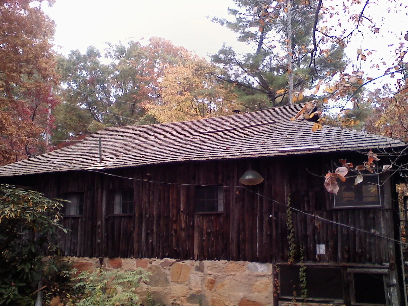 Weathered wood shake roof on a rustic board sided cabin in Longmeadow